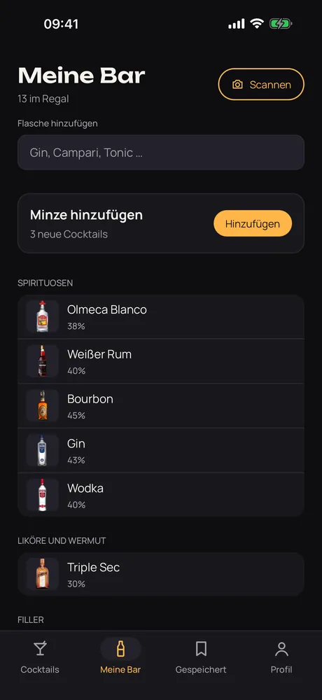 „Meine Bar“ in Muddle mit den Flaschen, nach Sorte geordnet