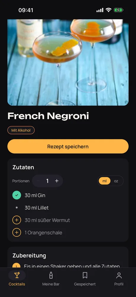 Ein French-Negroni-Rezept in Muddle: Es zeigt, welche Zutaten du hast und welche fehlen