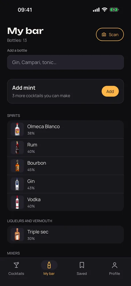 The My bar screen in Muddle, with bottles grouped by type