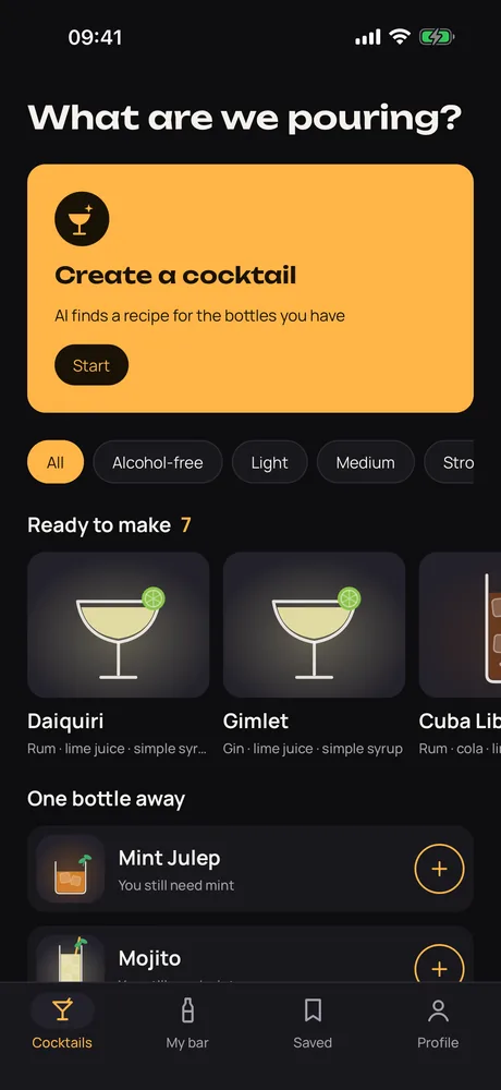 Muddle on iPhone, showing the cocktails you can make with your bottles