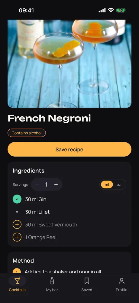 A French Negroni recipe in Muddle, showing which ingredients you have and which ones are missing