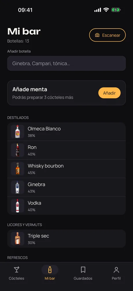 La pantalla Mi bar de Muddle, con las botellas agrupadas por tipo