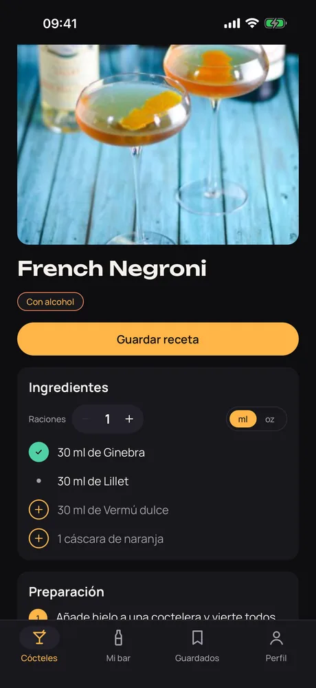 Una receta de French Negroni en Muddle que muestra qué ingredientes tienes y cuáles te faltan