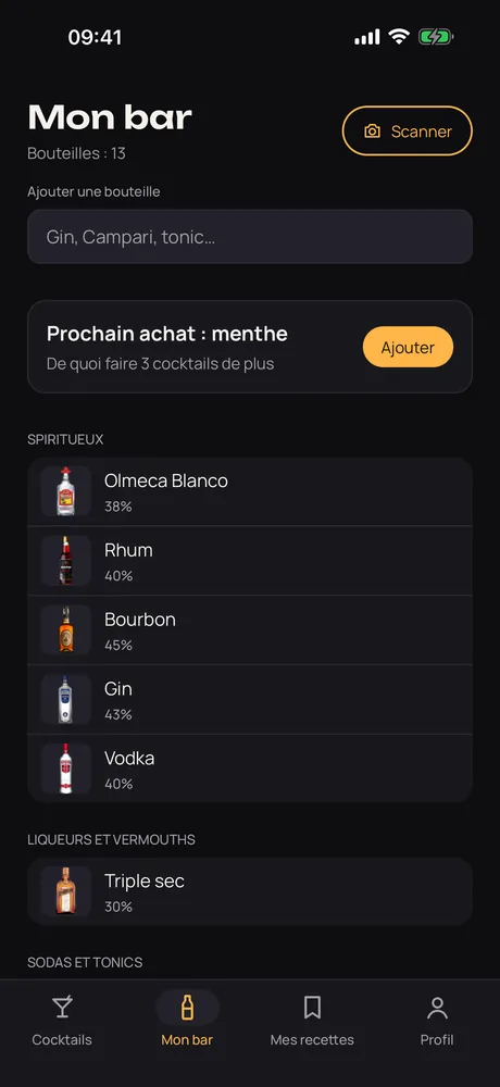 Écran Mon bar de Muddle, avec les bouteilles classées par type
