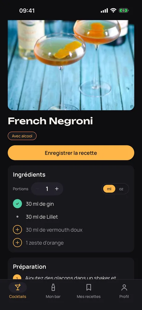 Une recette de French Negroni dans Muddle, qui montre les ingrédients que vous avez et ceux qui manquent