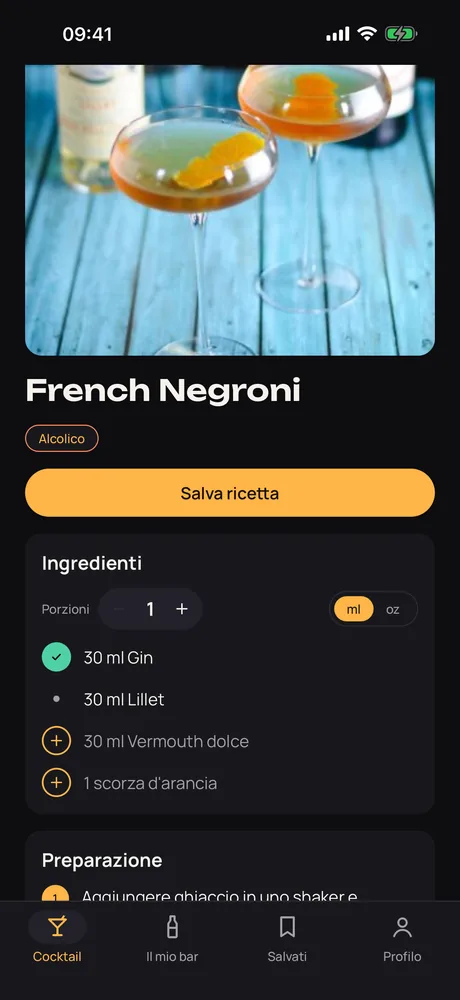 Una ricetta del French Negroni in Muddle, che mostra quali ingredienti hai e quali mancano