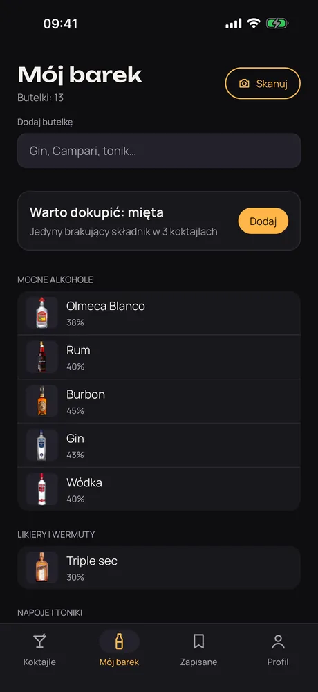 Ekran „Mój barek” w Muddle z butelkami pogrupowanymi według rodzaju