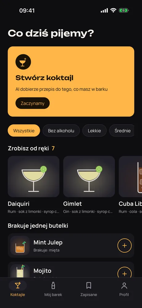 Muddle na iPhonie z listą koktajli, które zrobisz ze swoich butelek