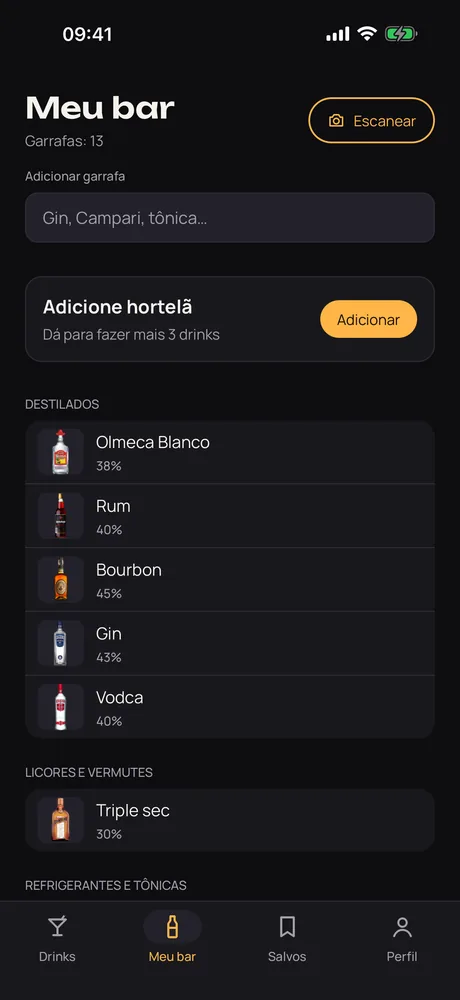 A tela Meu bar do Muddle, com as garrafas agrupadas por tipo