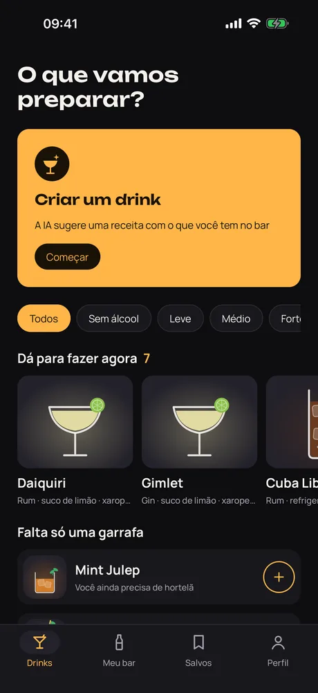 O Muddle no iPhone, com os drinks que dá para fazer com as suas garrafas
