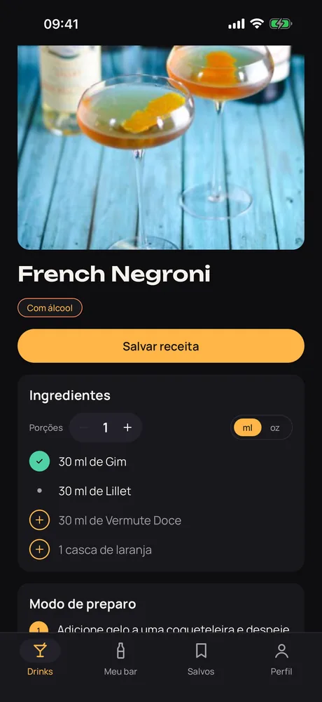 Uma receita de French Negroni no Muddle, mostrando quais ingredientes você tem e quais faltam